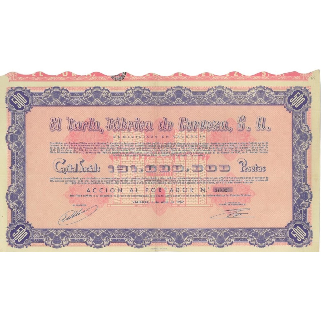 EL TURIA, FABRICA DE CERVEZA S.A. 1 AZIONE - 1969
