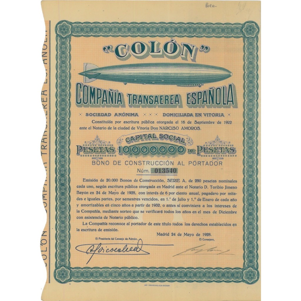 COLON COMPANIA TRANSAEREA ESPANOLA - 1 AZIONE 1928