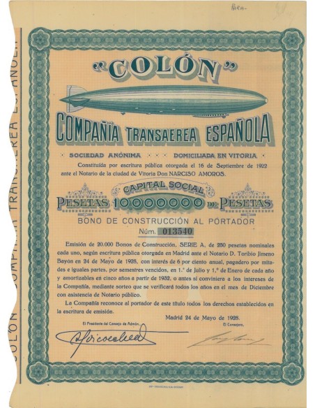 COLON COMPANIA TRANSAEREA ESPANOLA - 1 AZIONE 1928