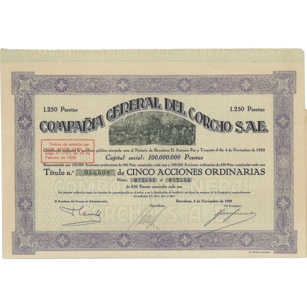 COMPANIA GENERAL DEL CORCHO S.A.E. - 5 AZIONI 1929