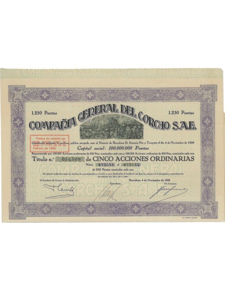 COMPANIA GENERAL DEL CORCHO S.A.E. - 5 AZIONI 1929