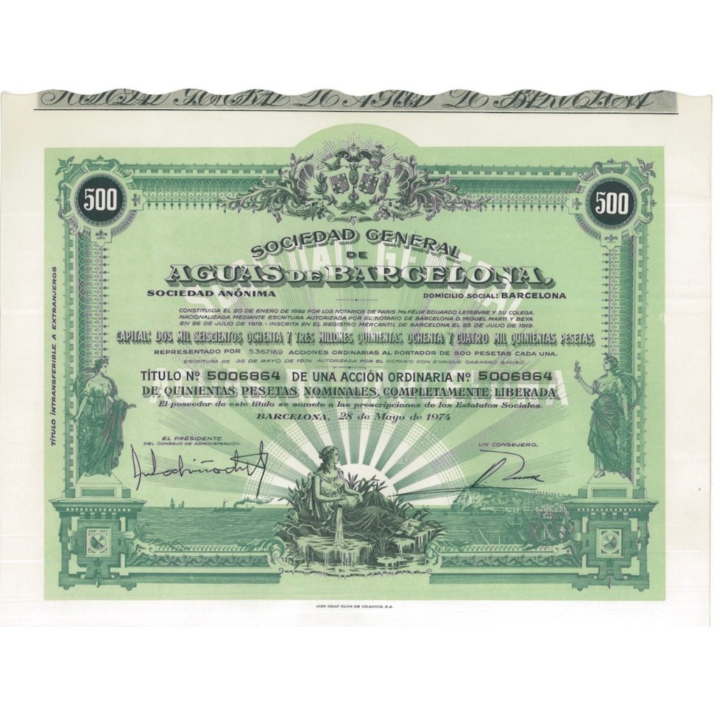 SOC.GEN. AGUAS DE BARCELONA 1 AZIONE - 1974