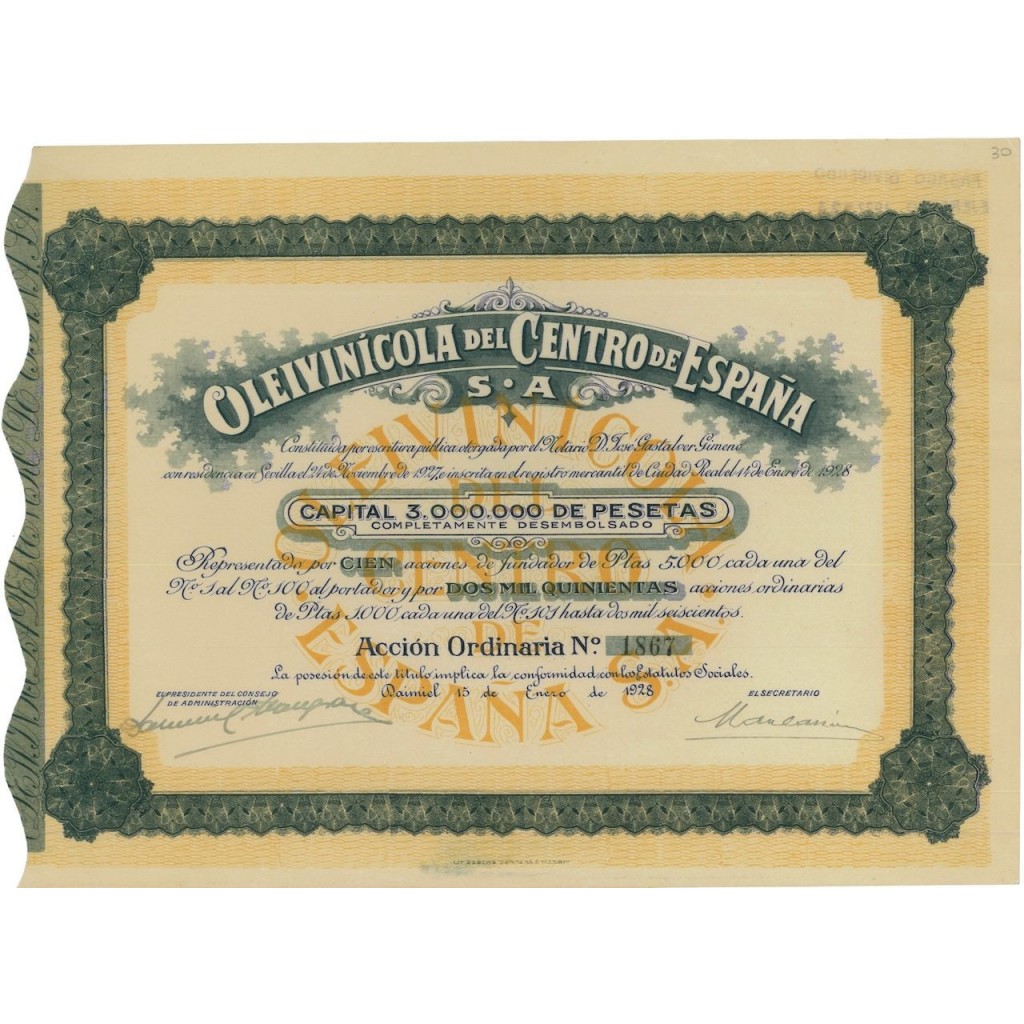 OLEIVINICOLA DEL CENTRO DE ESPANA - 100 AZIONI 1928
