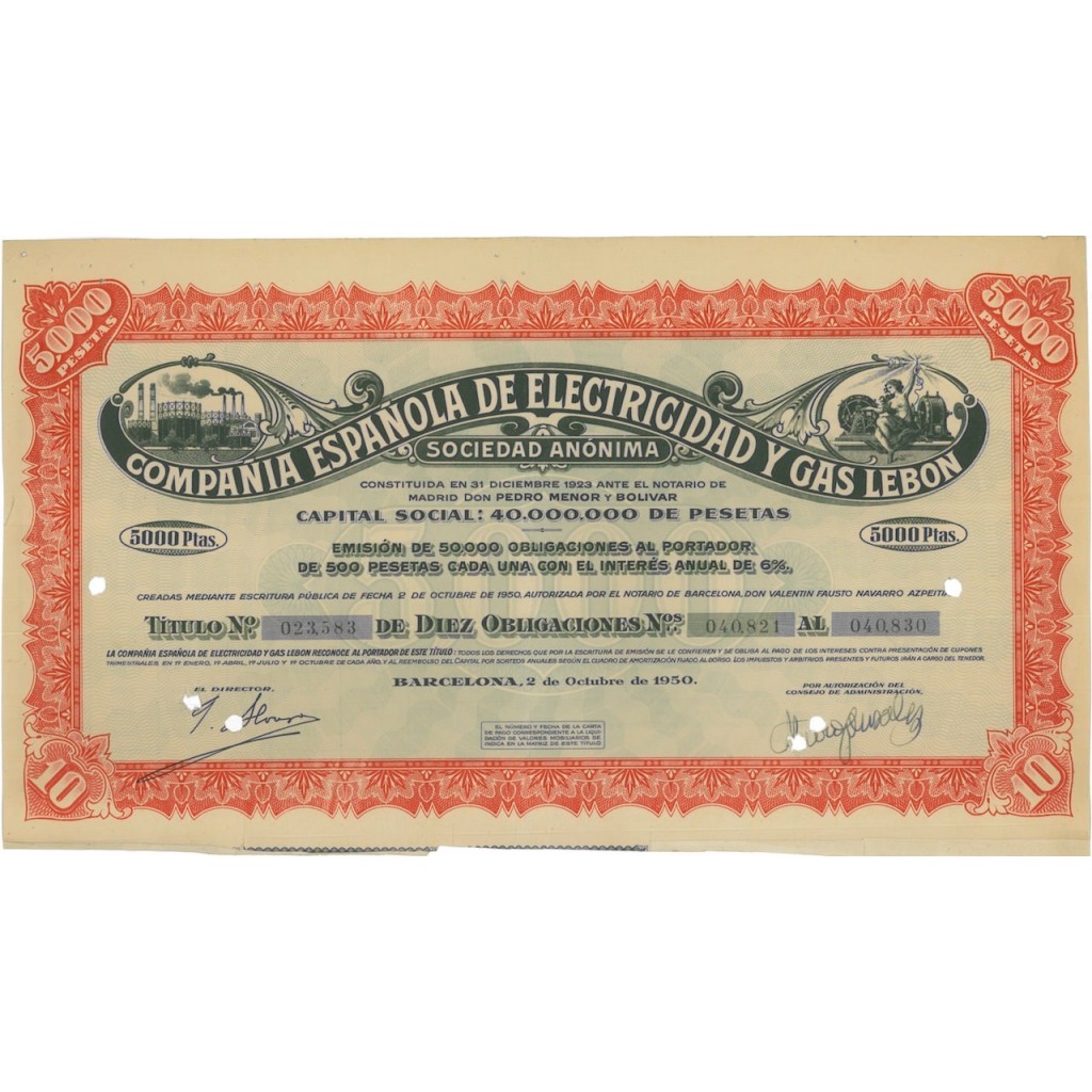 COMPANIA ESPANOLA DE ELECTRICIDAD Y GAS LEBON 10 OBBLIG. 1950