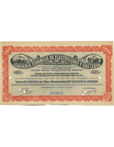 COMPANIA ESPANOLA DE ELECTRICIDAD Y GAS LEBON 10 OBBLIG. 1950