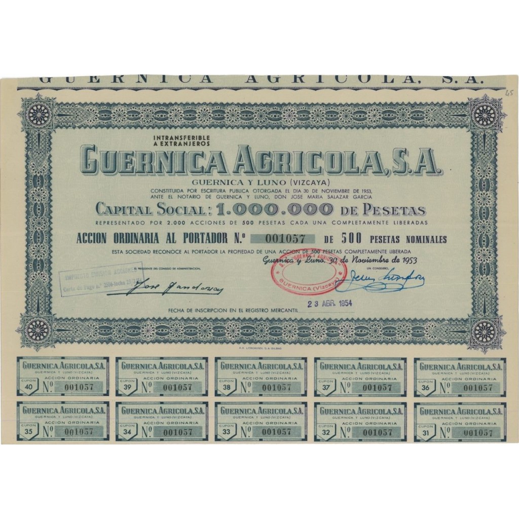 GUERNICA AGRICOLA S.A. - 1 AZIONE - 1954