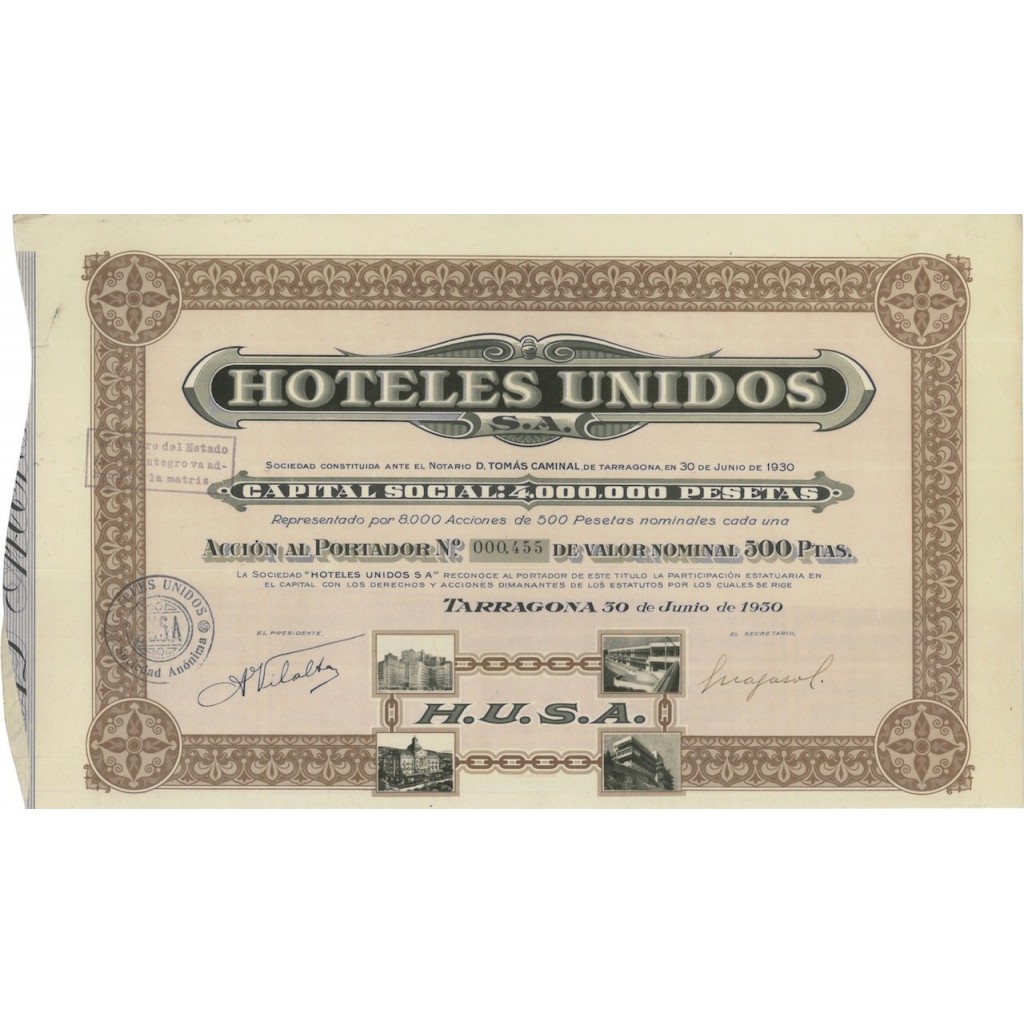 HOTELS UNIDOS - 1 AZIONE AL PORTATORE 1930