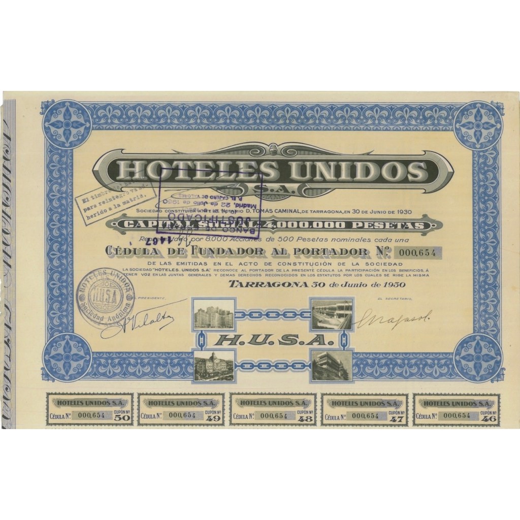 HOTELS UNIDOS - 1 AZIONE DI FONDAZIONE 1930
