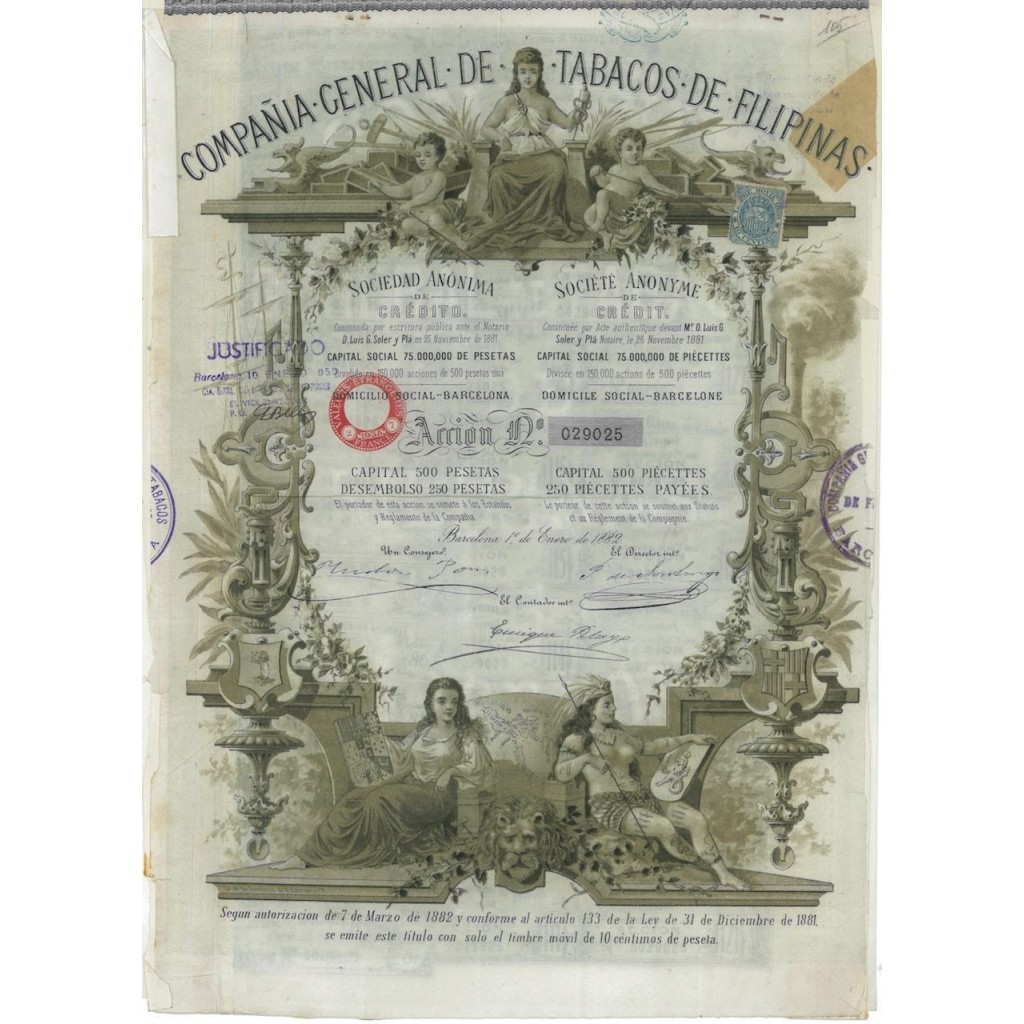 COMPANIA GEN. DE TABACOS DE FILIPINAS 1 AZIONE 1882