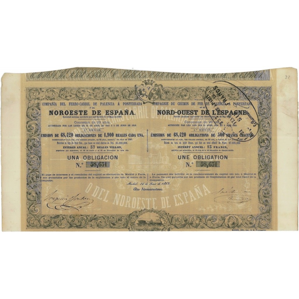 COMPANIA DEL FERRO-CARRIL NORESTE DE ESPANA 1 OBBL. 1862