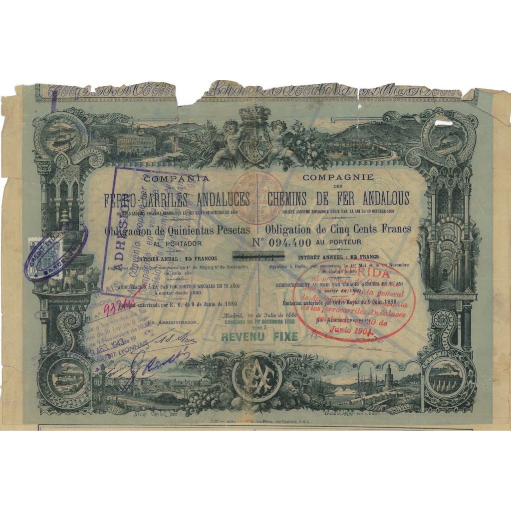 COMPANIA FERRO CARRILES ANDALUCES 1 OBBLIGAZ. 1880