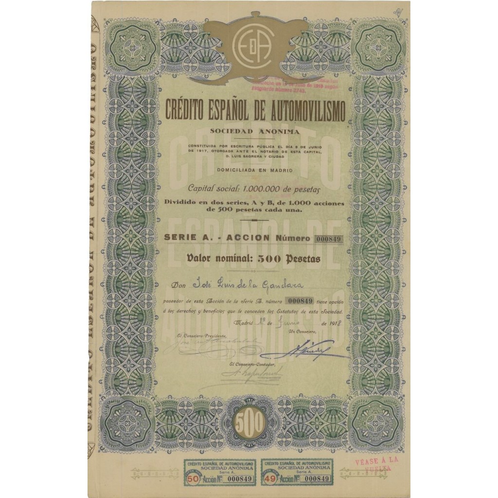CREDITO ESPANOL DE AUTOMOBILISMO - AZIONE 1918
