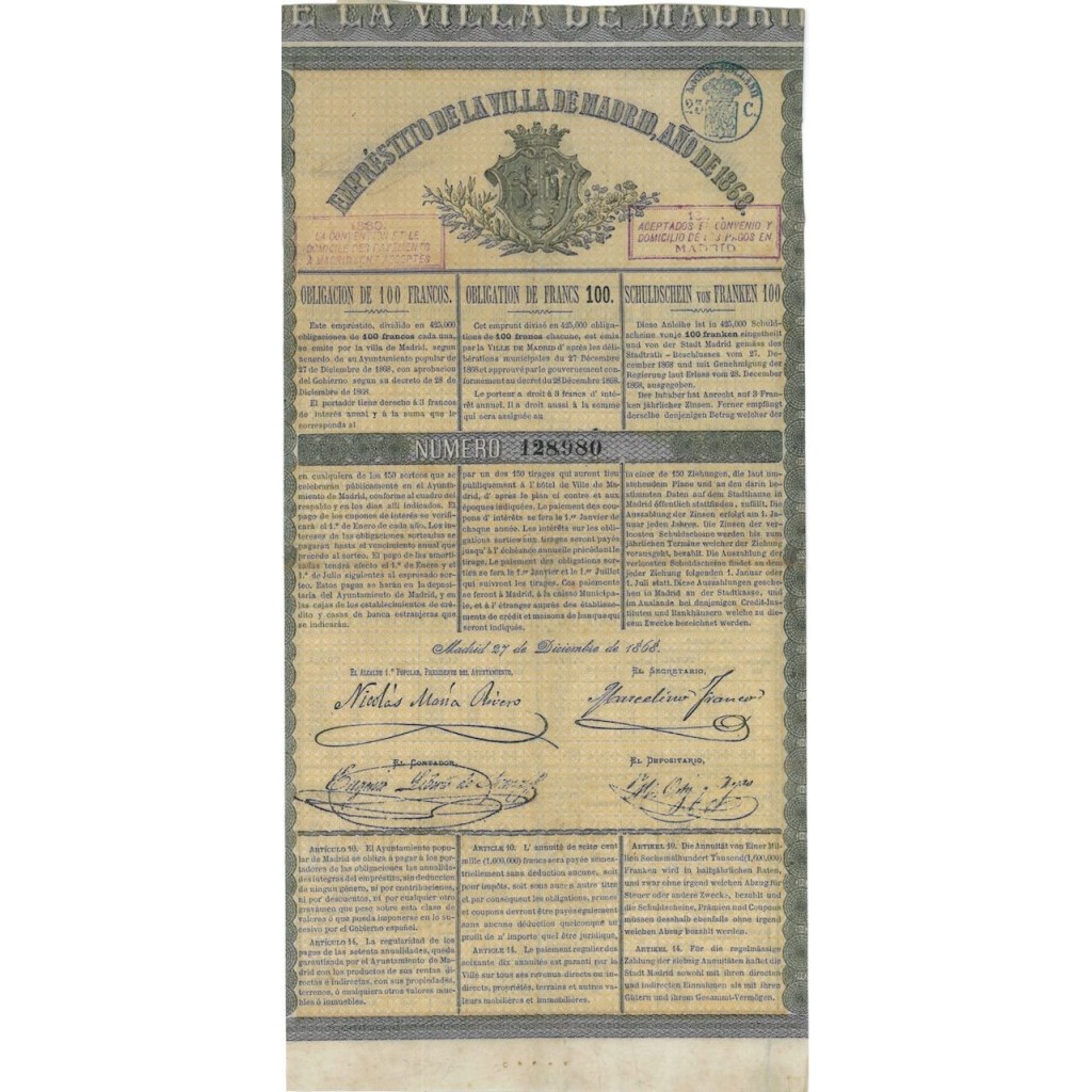 EMPRESTITO DE LA VILLA DE MADRID - OBBLIGAZIONE 1868