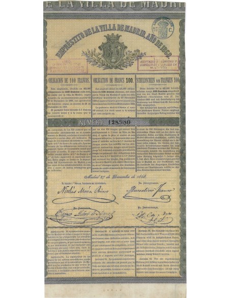 EMPRESTITO DE LA VILLA DE MADRID - OBBLIGAZIONE 1868