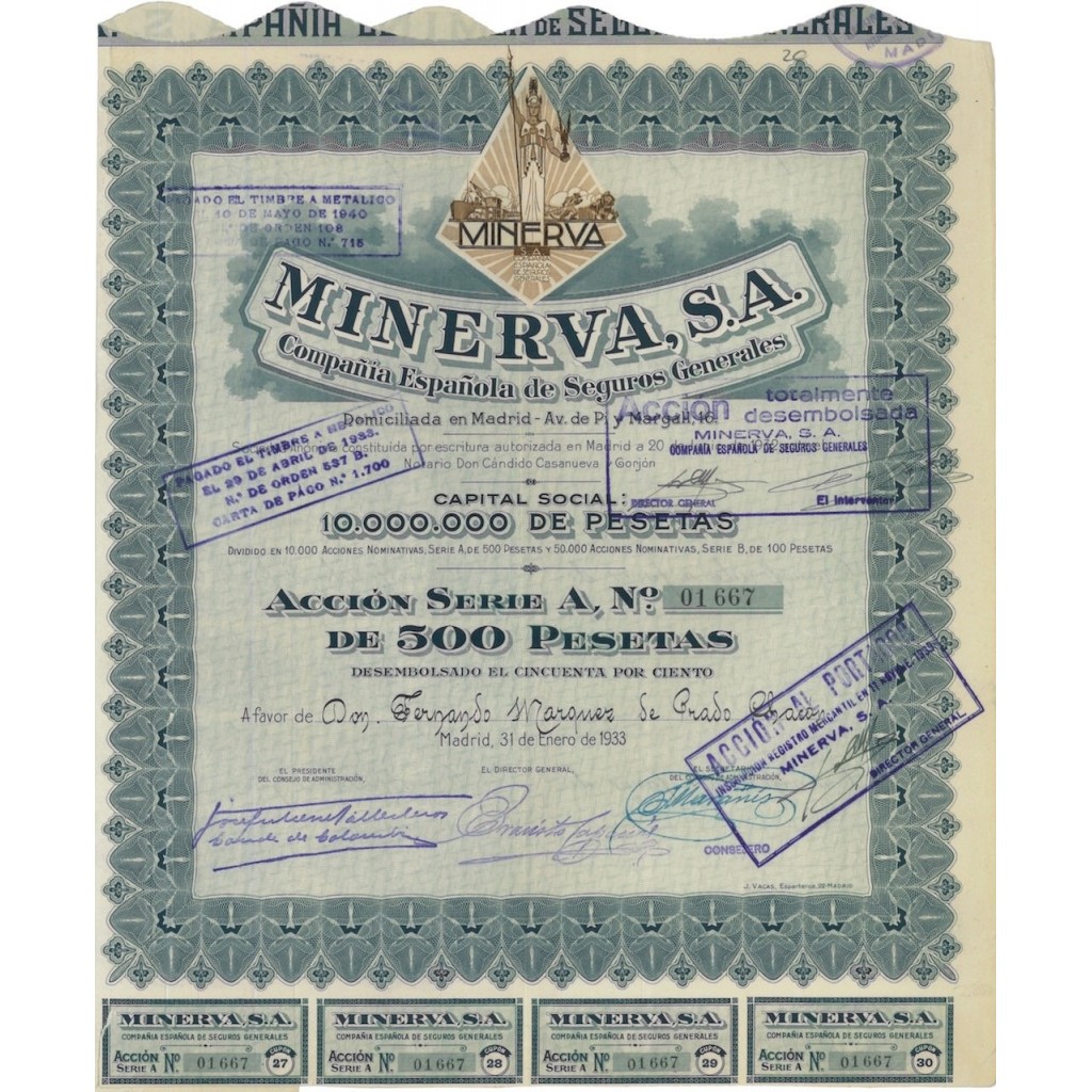 MINERVA, S.A. 1 AZIONE - 1933