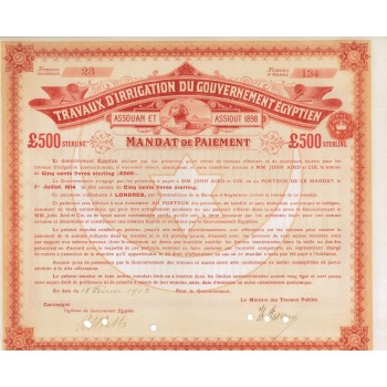 TRANVAUX D'IRRIGATION DU GOUVERNEMENT EGYPTIEN - 500 STERLINE 1902