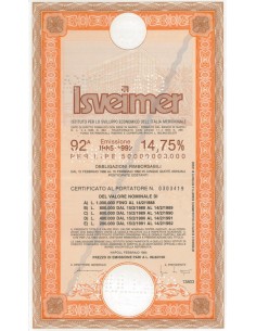 ISVEIMER - Certificato al portatore 92^ emissione 1985-1992