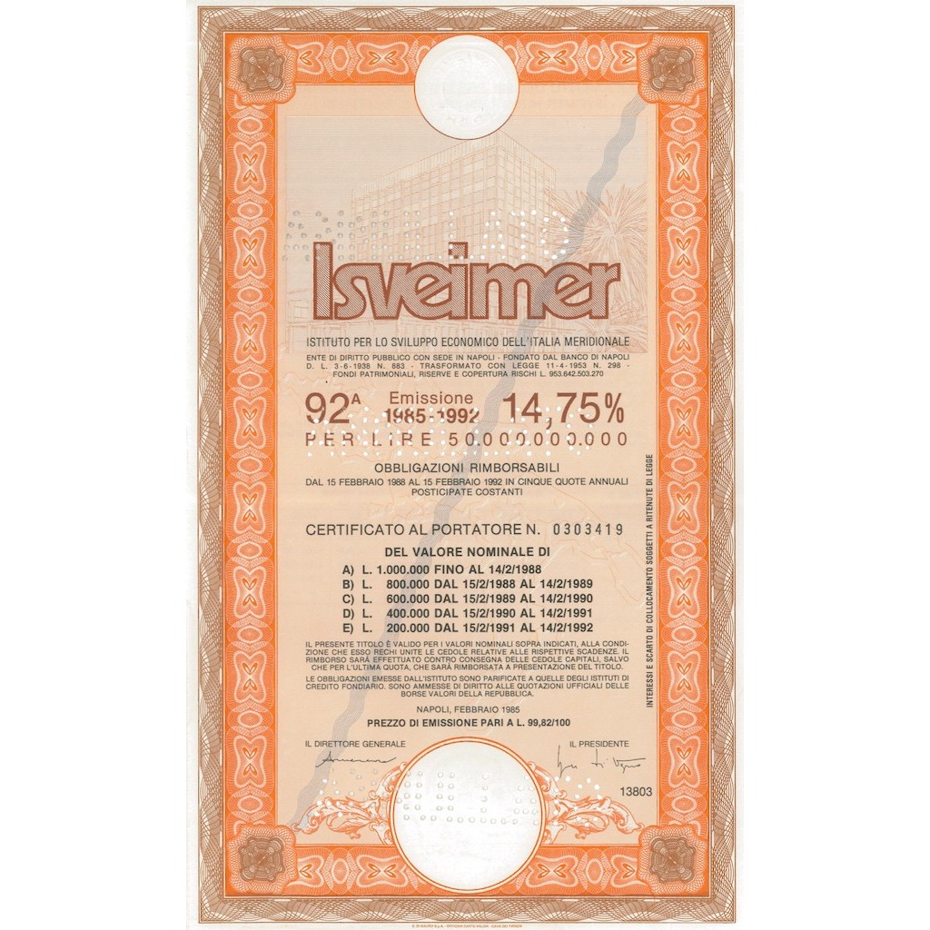ISVEIMER - Certificato al portatore 92^ emissione 1985-1992