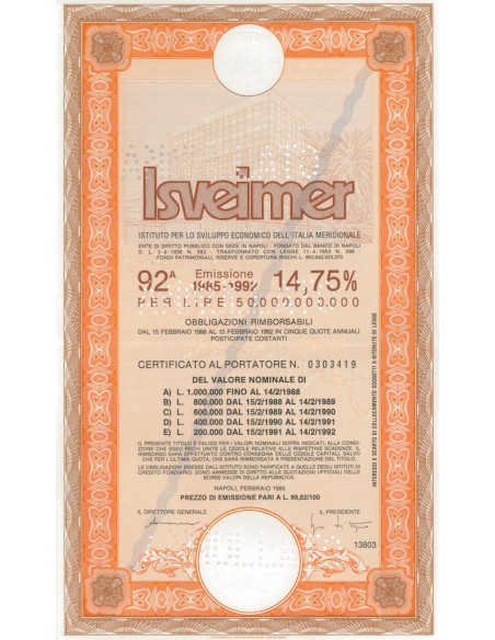 ISVEIMER - Certificato al portatore 92^ emissione 1985-1992