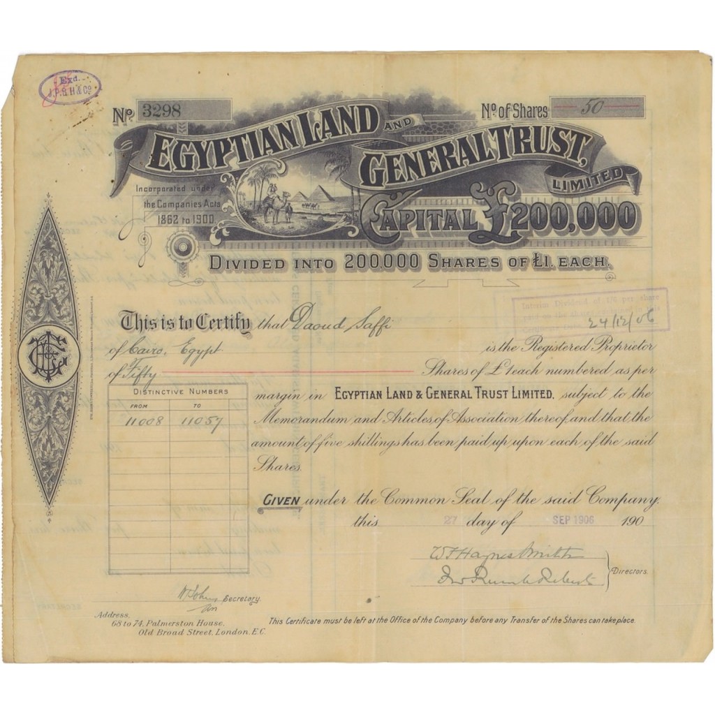 EGYPTIAN LAND AND GENERAL TRUST - AZIONI - 1906