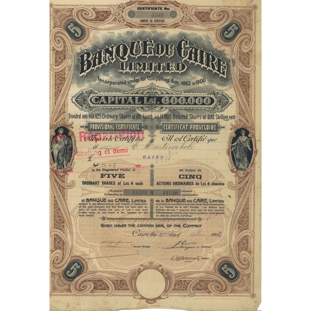 BANQUE DU CAIRE LIMITED - 5 AZIONI - 1907