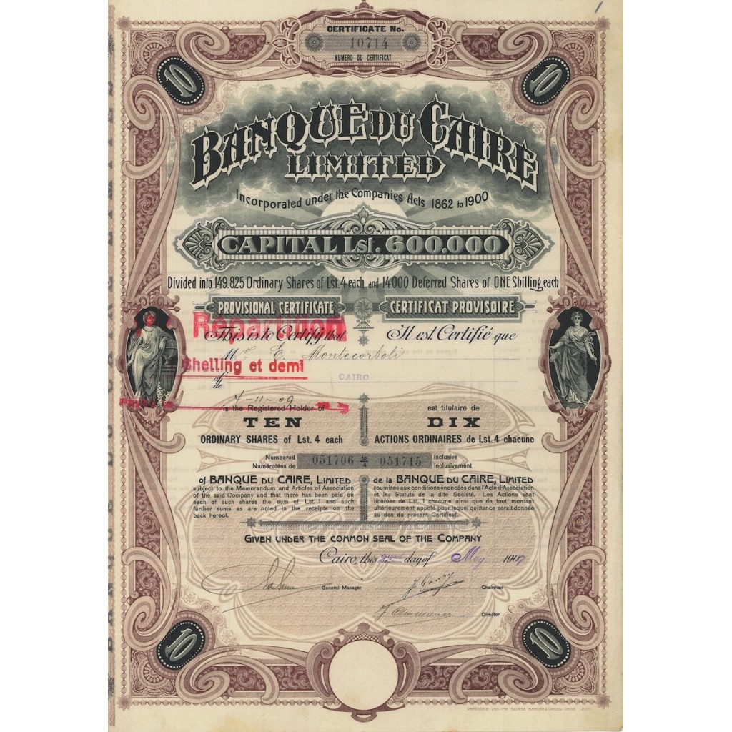 BANQUE DU CAIRE LIMITED - 10 AZIONI - 1907