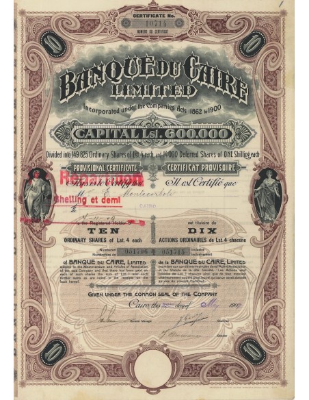 BANQUE DU CAIRE LIMITED - 10 AZIONI - 1907