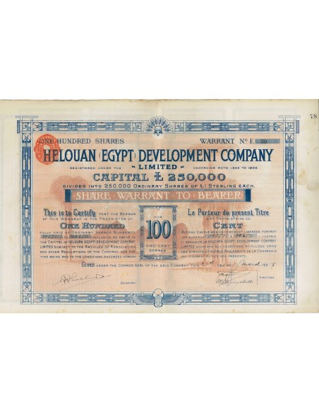 HELOUAN DEVELOPMENT COMPANY 100 AZIONI - 1907