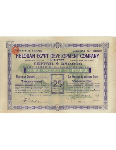 HELOUAN DEVELOPMENT COMPANY 25 AZIONI - 1907