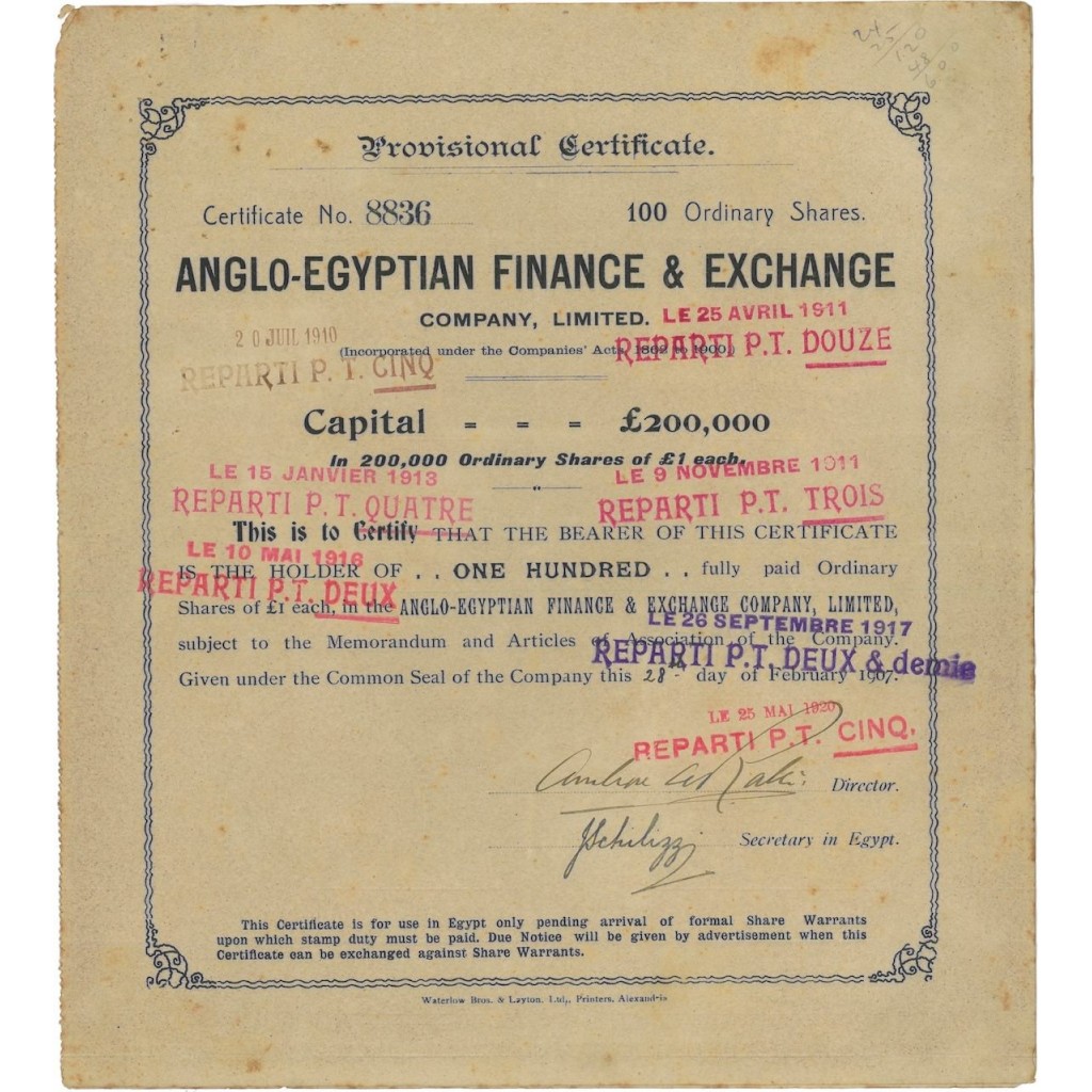 ANGLO-EGYPTIAN FINANCE AND EXCHANGE - 100 AZIONI 1920