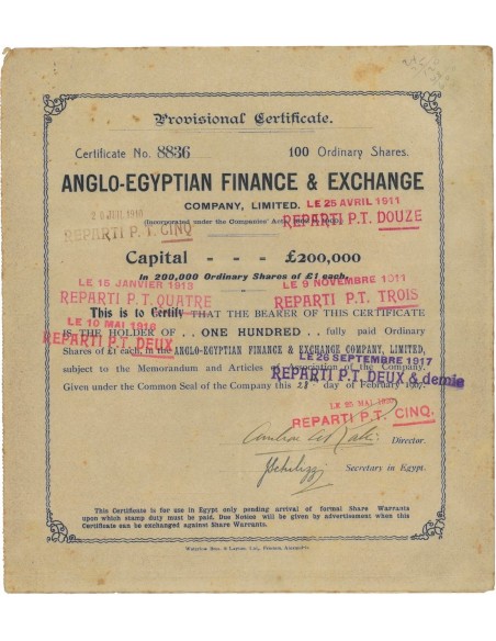 ANGLO-EGYPTIAN FINANCE AND EXCHANGE - 100 AZIONI 1920