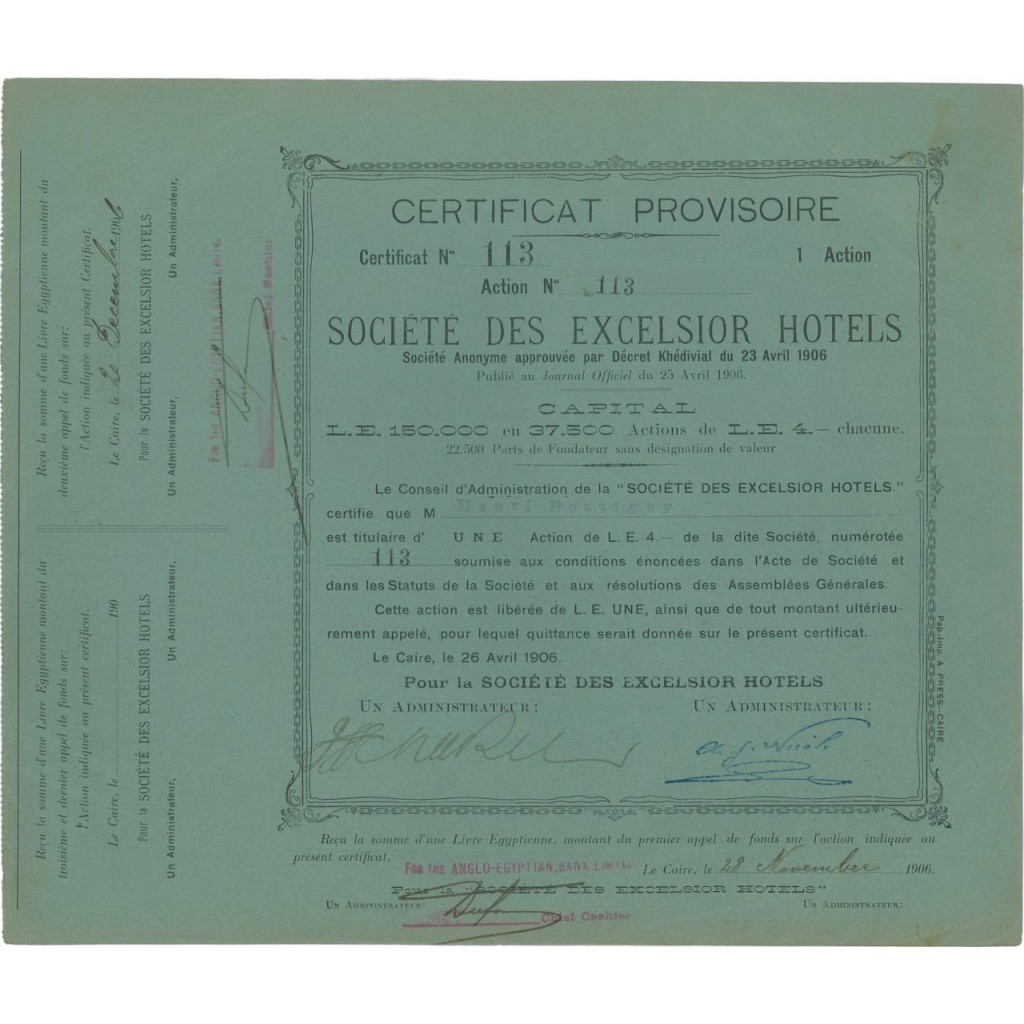 SOC. DES EXCELSIOR HOTELS - AZIONI 1906