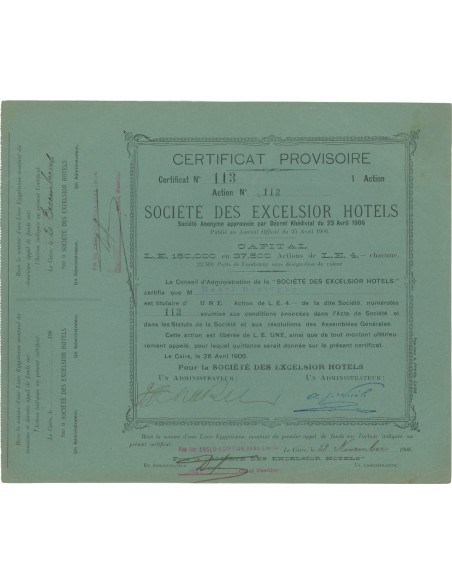 SOC. DES EXCELSIOR HOTELS - AZIONI 1906