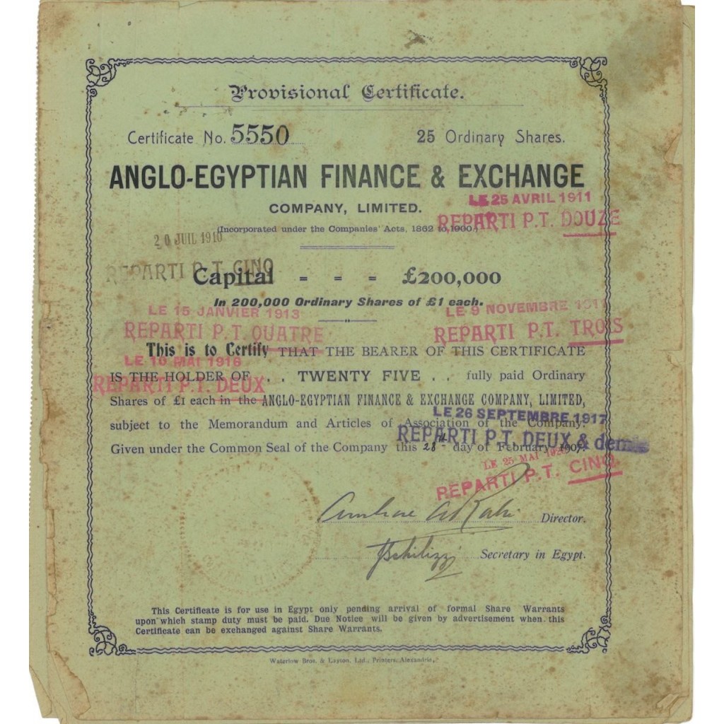 ANGLO-EGYPTIAN FINANCE AND EXCHANGE - 25 AZIONI 1920