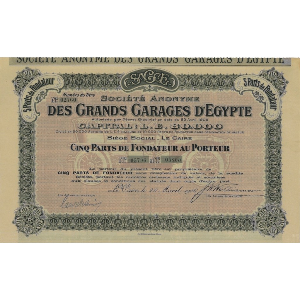 SOC. ANON. DES GRANDS GARAGES D'EGYPTE - 5 AZIONI 1906