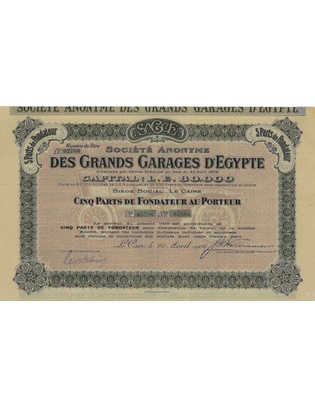 SOC. ANON. DES GRANDS GARAGES D'EGYPTE - 5 AZIONI 1906