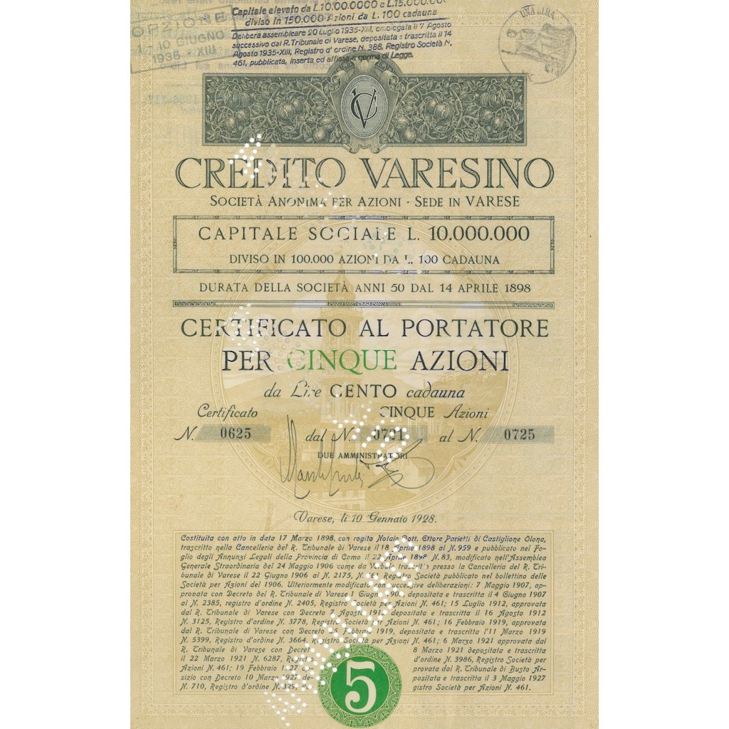 CREDITO VARESINO 1 AZIONE VARESE 1935