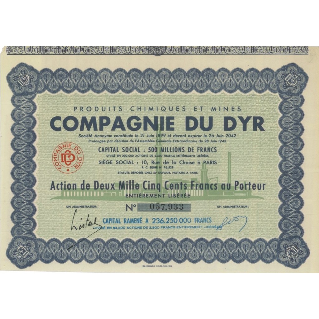 PRODUITS CHIMIQUES ET MINES CIMP. DU DYR - 1 AZIONE 1943