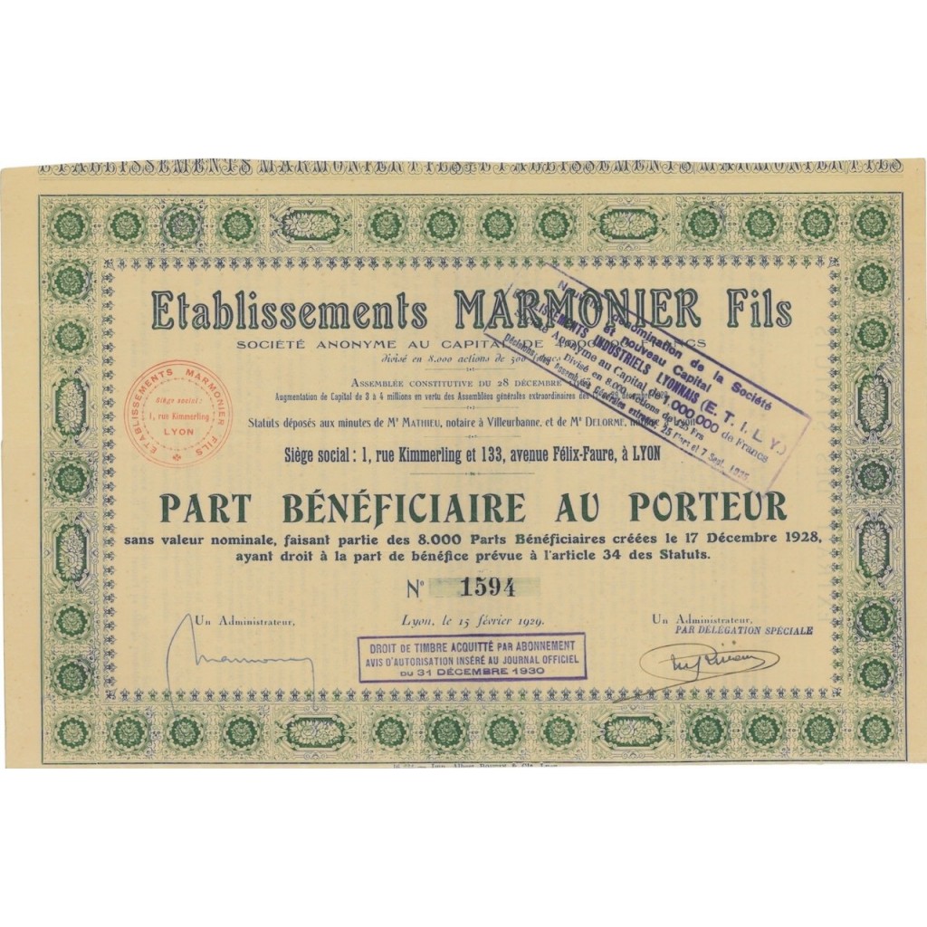 ETABLISSEMENTS MARMONIER FILS - AZIONE - 1929