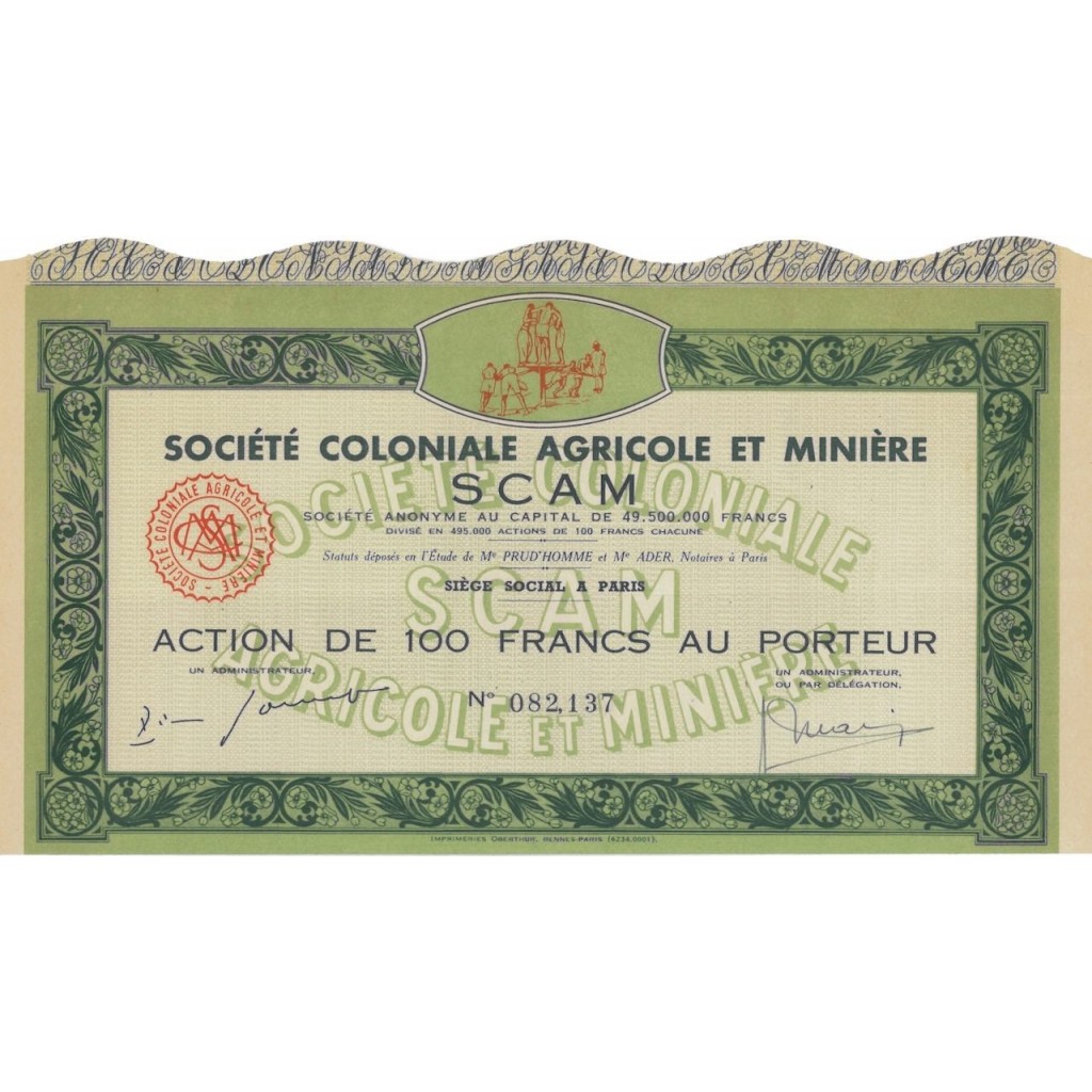 SOC. COLONIALE AGRICOLE ET MINIERE SCAM - 1 AZIONE - 1923
