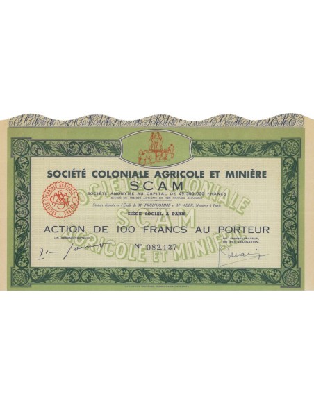 SOC. COLONIALE AGRICOLE ET MINIERE SCAM - 1 AZIONE - 1923