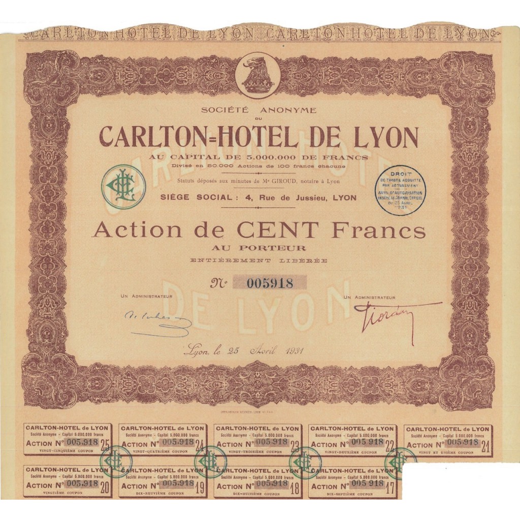 SOC. ANON. CARLTON HOTEL DE LYON - 1 AZIONE 1931
