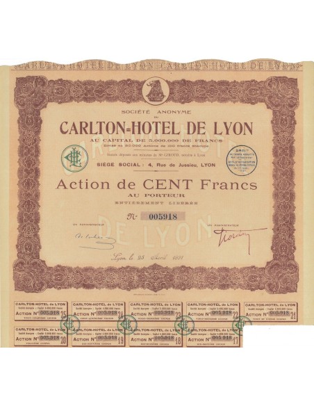 SOC. ANON. CARLTON HOTEL DE LYON - 1 AZIONE 1931