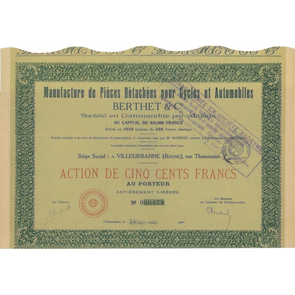 BERTHET E C. - 1 AZIONE DI 500 FRANCHI - 1920
