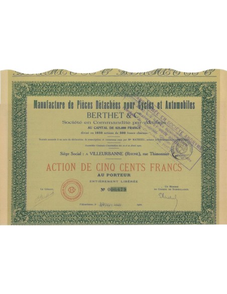 BERTHET E C. - 1 AZIONE DI 500 FRANCHI - 1920