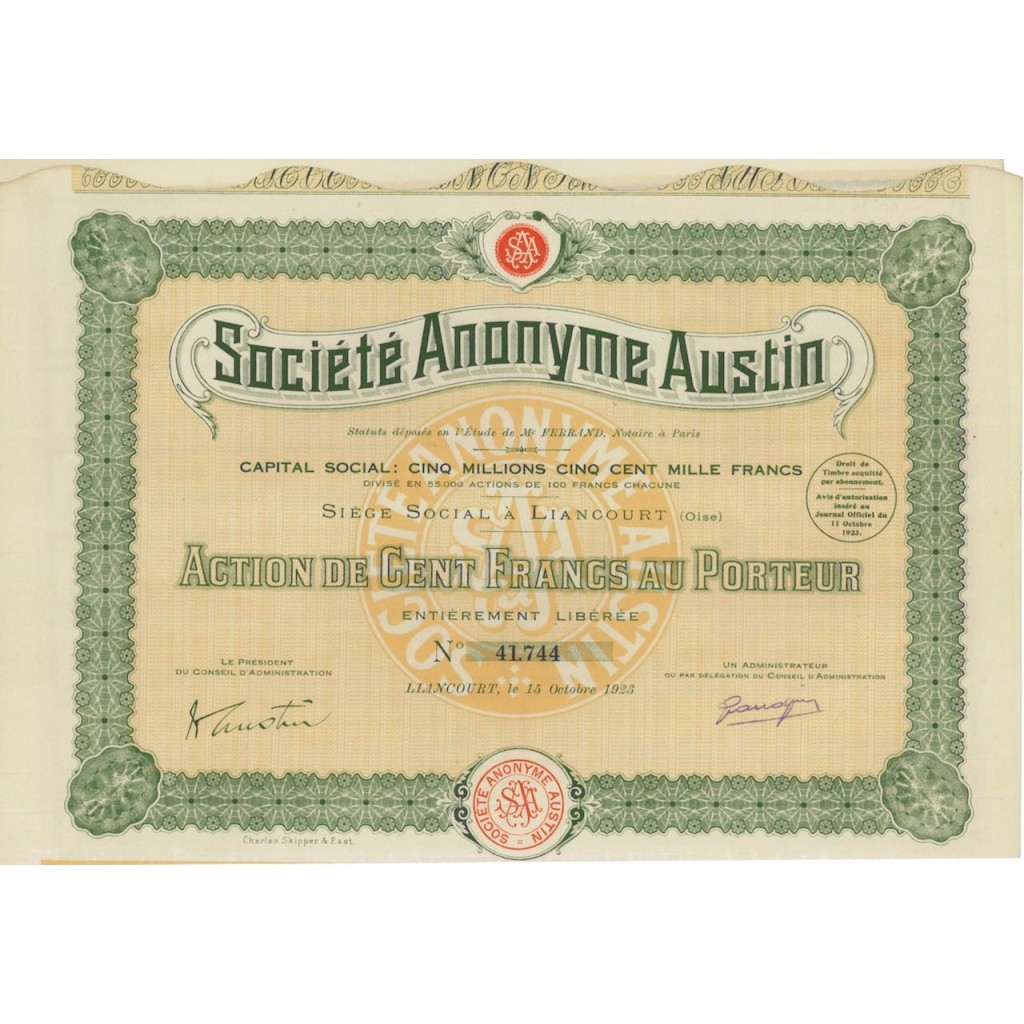 SOC. ANONYME AUSTIN - 1 AZIONE DI 100 FRANCHI - 1923
