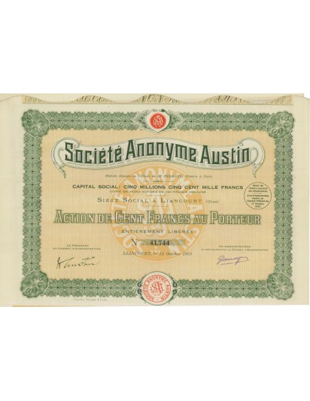 SOC. ANONYME AUSTIN - 1 AZIONE DI 100 FRANCHI - 1923