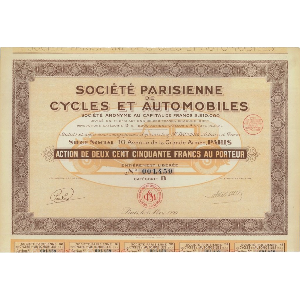 SOC. PARISIENNE DE CYCLES ET AUTOMOBILES - 1 AZIONE - 1929