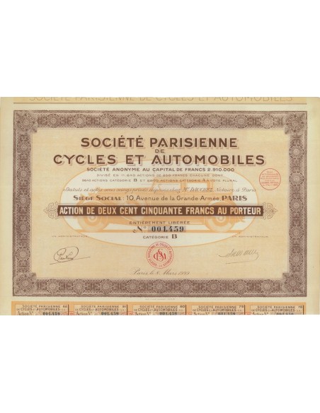 SOC. PARISIENNE DE CYCLES ET AUTOMOBILES - 1 AZIONE - 1929