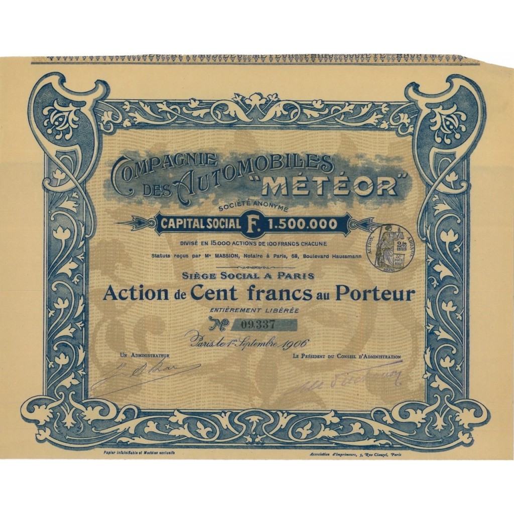 COMPAGNIE DES AUTOMOBILES METEOR - 1 AZIONE - 1906